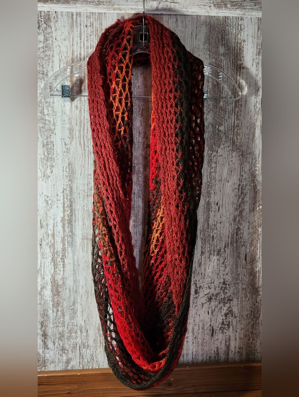 Gradient Open-Knit Loop Infinity Scarf Fall Colors Red Rust Orange Brown L@@K